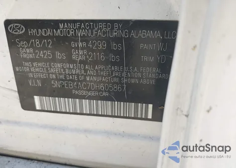 2013 Hyundai Sonata Gls z USA, uszkodzony, nr VIN 5NPEB4AC7DH605867